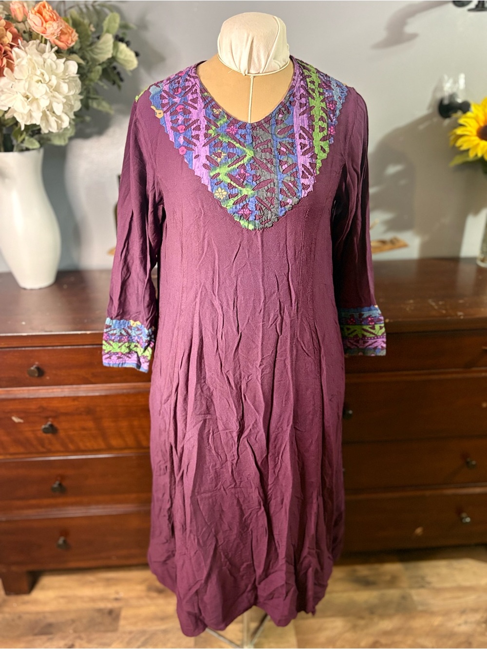Kashi Boho Embroidered Long Sleeve Dress in Purple